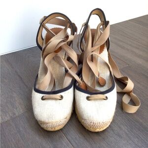 JCrew woven ankle tie espadrilles. Neutral metallic with navy trim, size 36